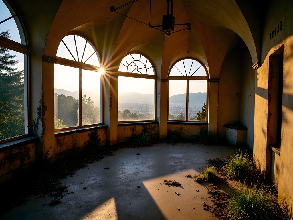 Abandoned Art Nouveau funicular station on Tibidabo mountain with Barcelona cityscape at sunset