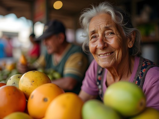Venezuelan market vendor at Mercado Mayorista displaying colorful tropical fruits in morning light