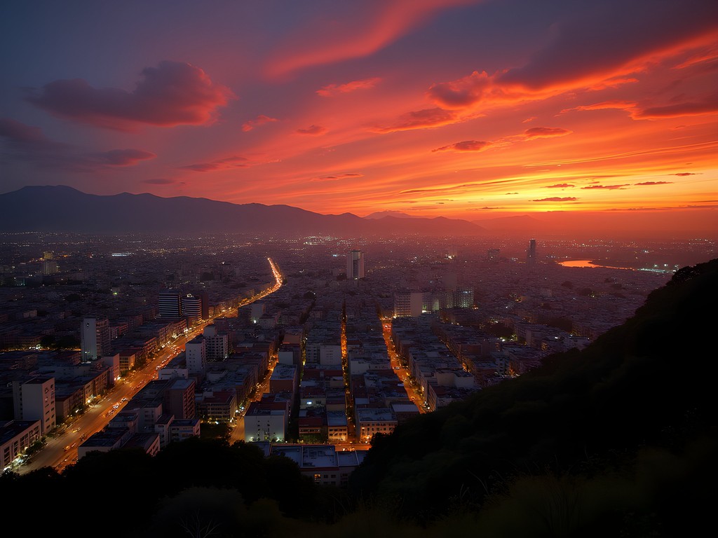 Panoramic view of Barquisimeto during the famous 'red hour' twilight with dramatic red-orange sky illuminating the city grid