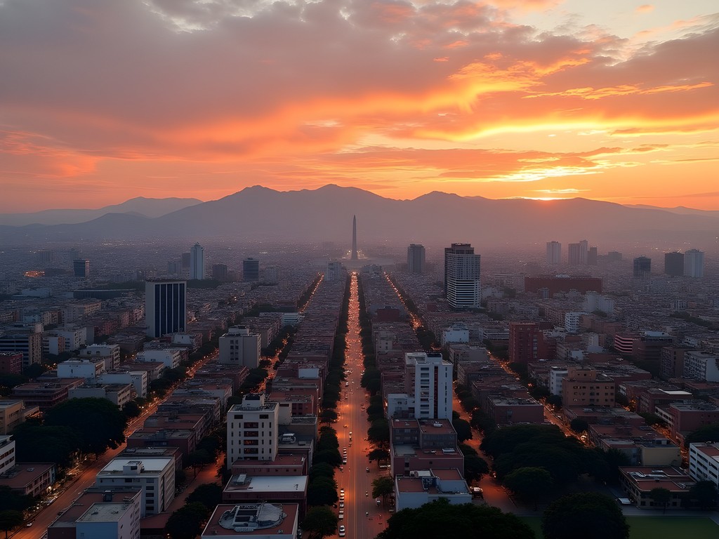 Barquisimeto cityscape bathed in golden-red twilight light with mountains in background