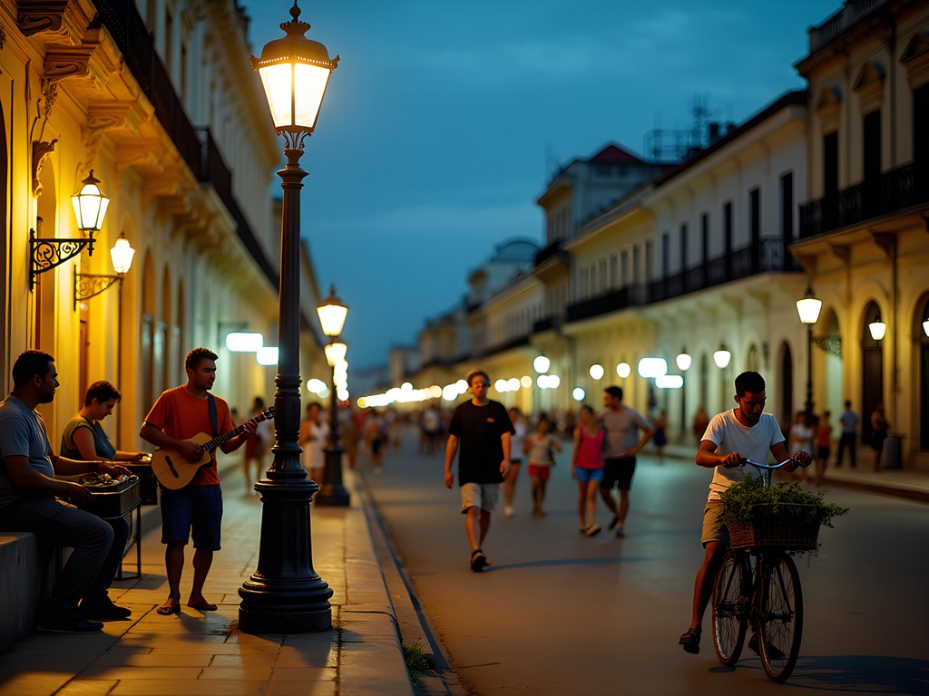 Evening street life on Bayamo pedestrian boulevard with musicians and locals