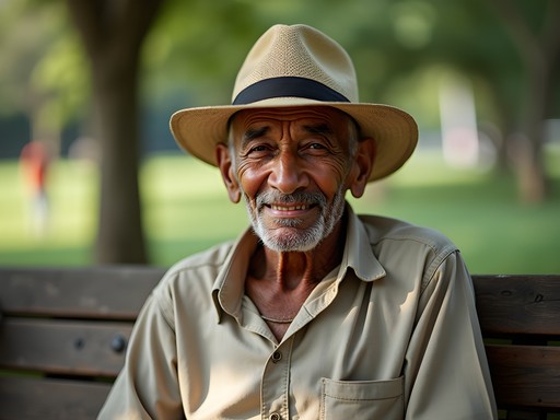 Portrait of elderly Cuban man on park bench in Bayamo Cuba