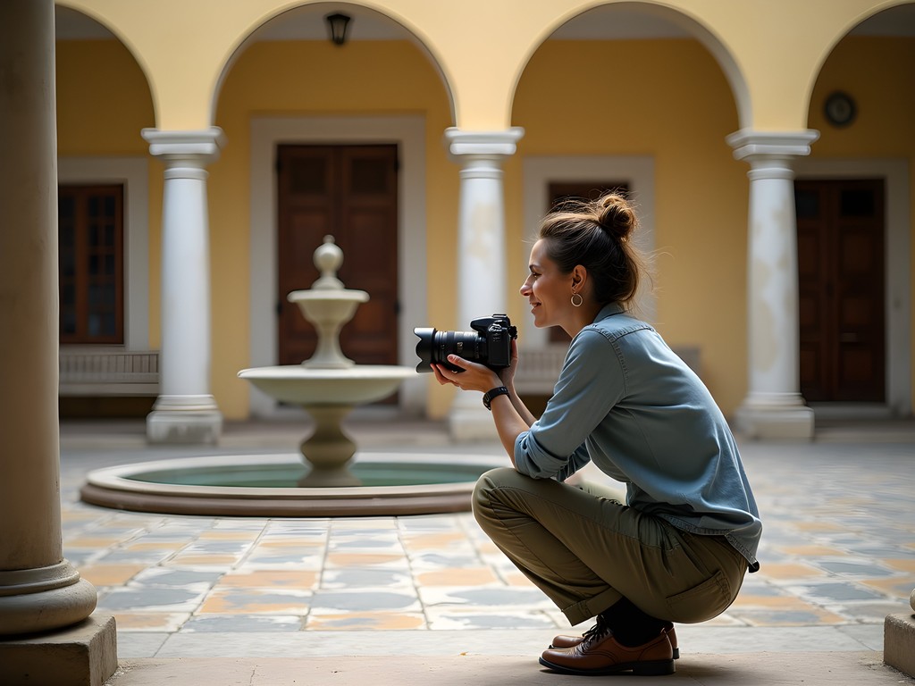 Female photographer capturing colonial architecture in Bayamo Cuba courtyard