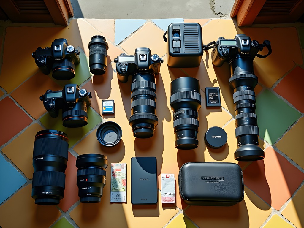 Photography equipment laid out on Cuban colonial tile floor in Bayamo casa particular