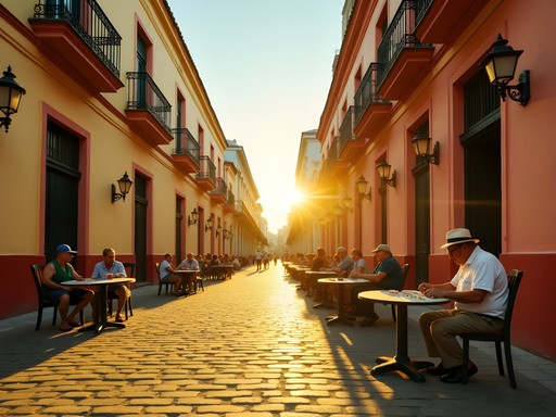 Golden hour light illuminating colonial architecture in Plaza del Himno Nacional, Bayamo Cuba