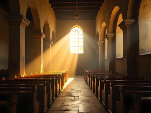 Dramatic shaft of sunlight illuminating colonial church interior in Bayamo Cuba