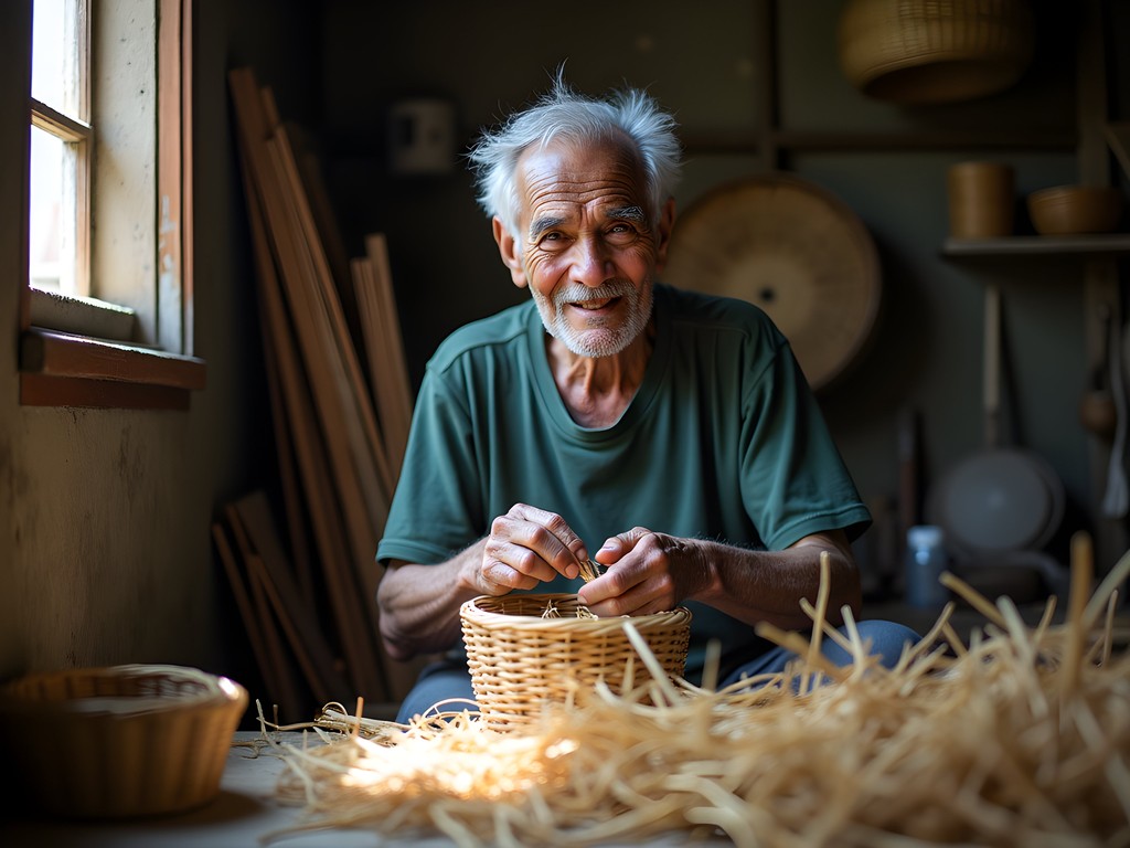 Mauritian bamboo craftsman in his workshop creating traditional items
