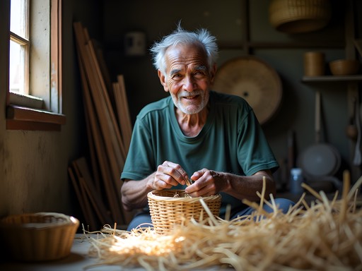 Mauritian bamboo craftsman in his workshop creating traditional items
