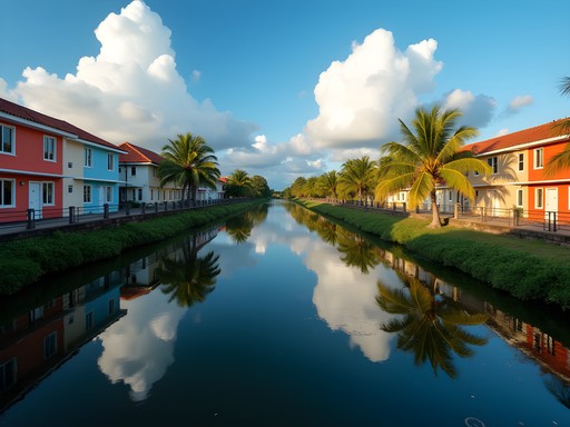 Canal Dayot in Beau Bassin with perfect reflections of colorful buildings and sky