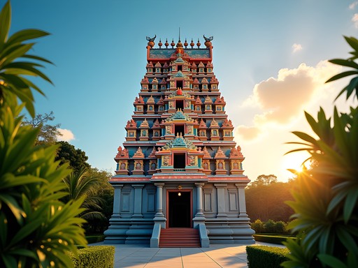 Hindu temple in Beau Bassin at sunrise with golden light illuminating colorful sculptures