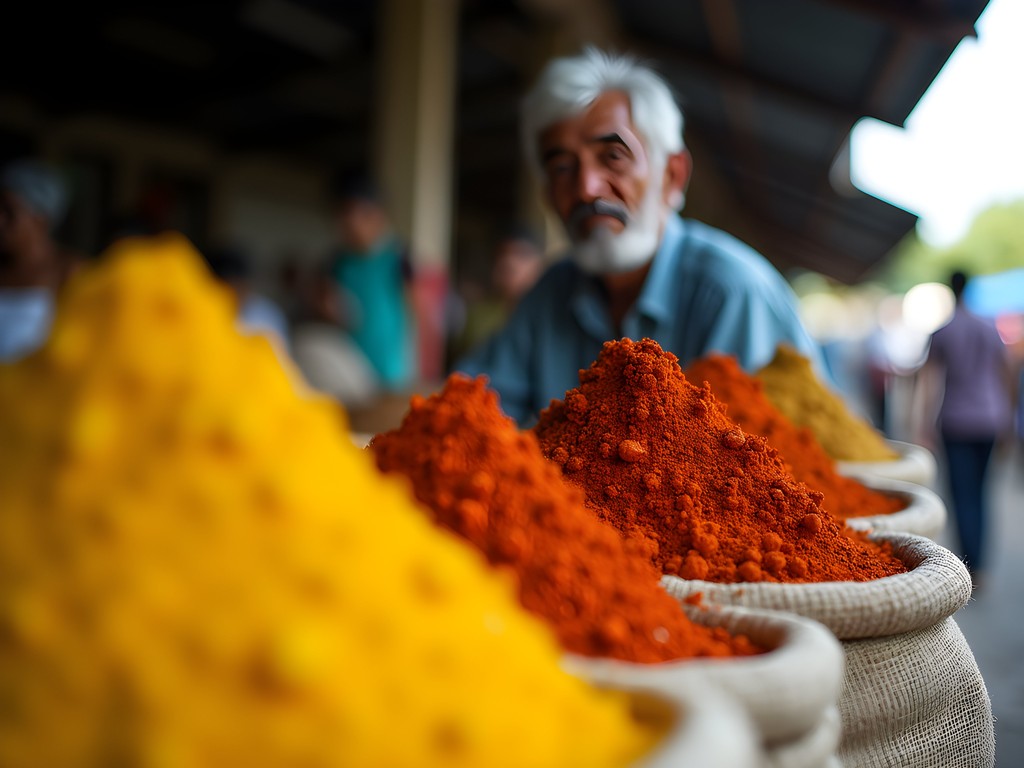 Mauritian spice vendor with colorful displays of turmeric, cardamom and vanilla