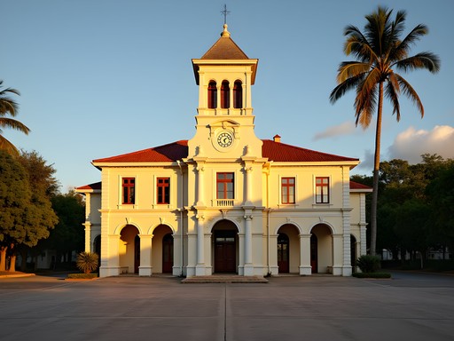 Beau Bassin town hall bathed in golden hour light with dramatic shadows