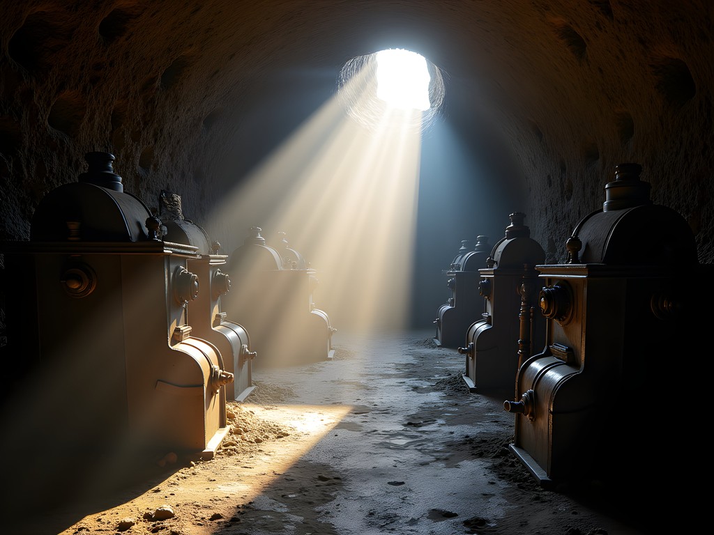 Dramatic shaft of light illuminating coal mining equipment in Beckley Exhibition Coal Mine