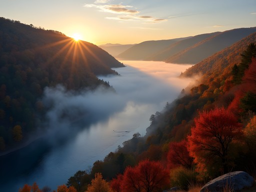 Misty dawn over New River Gorge in fall with vibrant autumn foliage