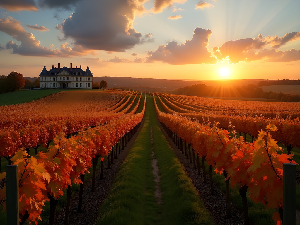 Médoc vineyard château with rows of autumn vines at sunset