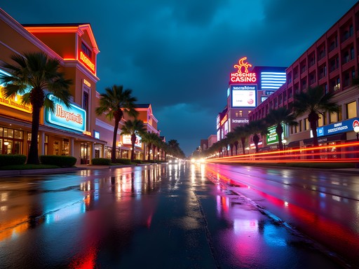 Colorful neon lights of Bossier City casinos reflecting on wet streets