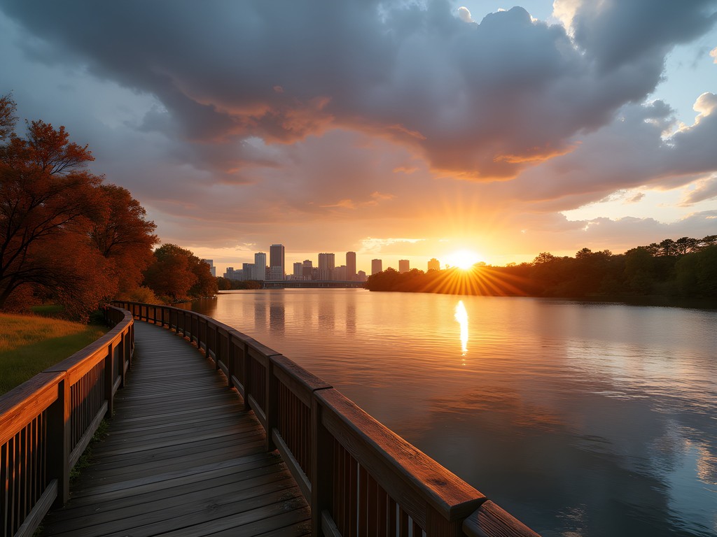 Red River at golden hour with Shreveport skyline and boardwalk