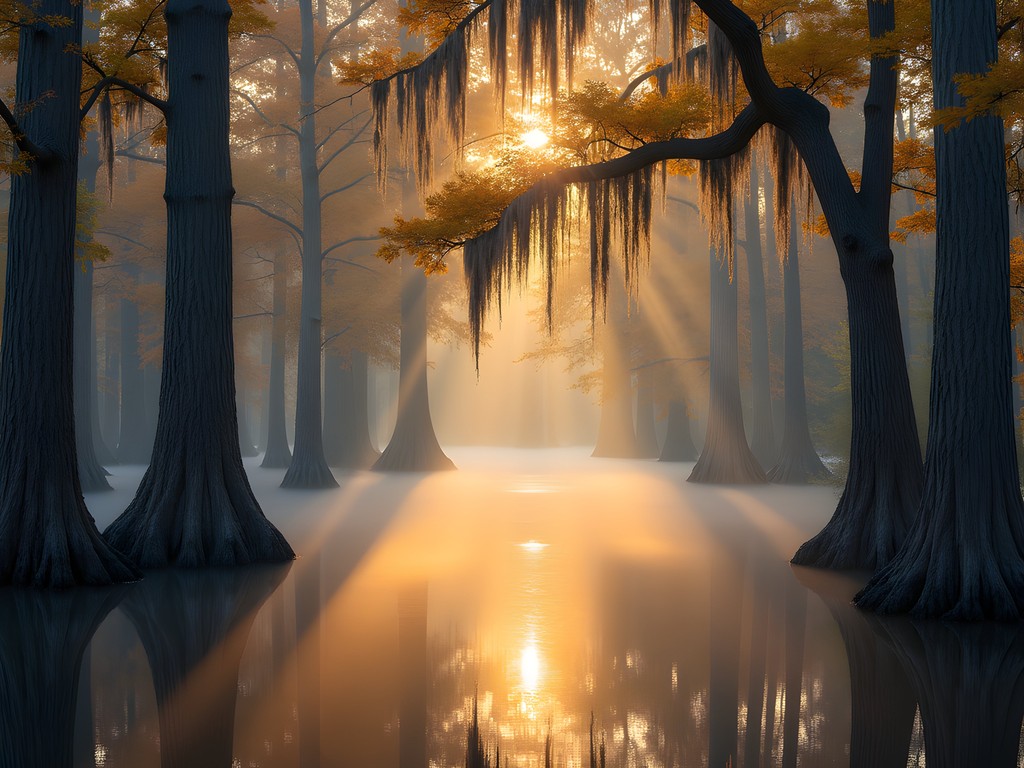 Misty morning at Red River National Wildlife Refuge with cypress trees in fall colors