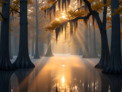 Misty morning at Red River National Wildlife Refuge with cypress trees in fall colors