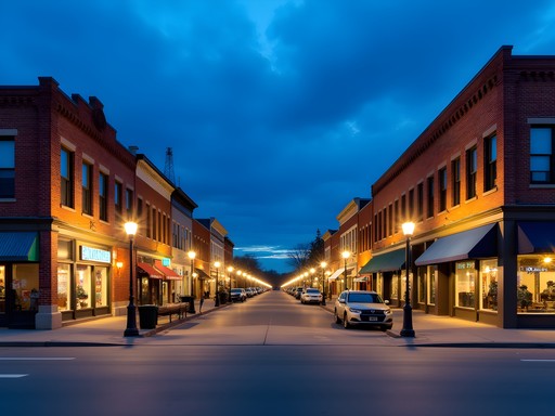 Historic buildings along Main Avenue in Brookings during blue hour with warm storefront lights