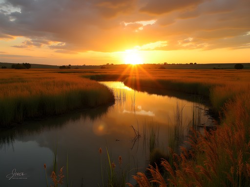 Golden hour light streaming across wetlands at Dakota Nature Park with silhouetted grasses and perfect reflections