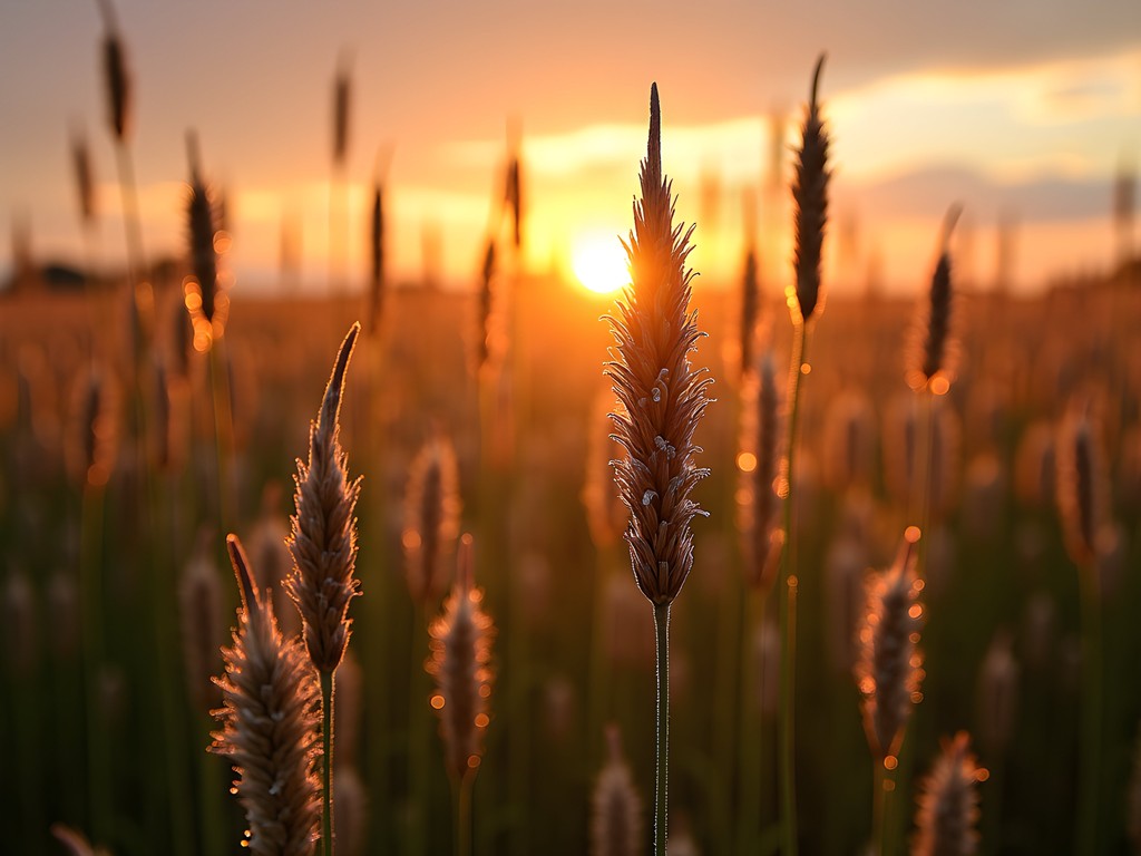 Golden sunrise light streaming through tall prairie grasses at McCrory Gardens in Brookings, South Dakota