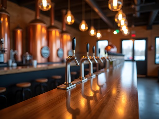 Warm interior of Wooden Legs Brewing Company showing brewing equipment and wooden bar with ambient lighting