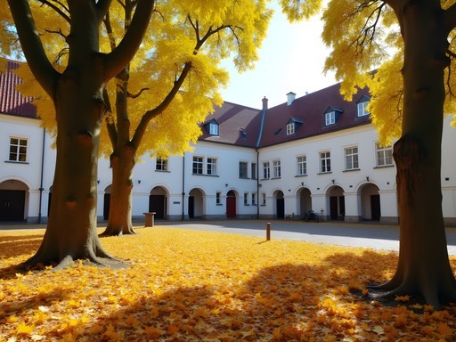 Autumn leaves covering the courtyard of Bruges' Begijnhof with white buildings