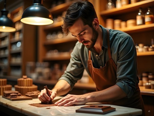 Belgian chocolate artisan working in traditional Bruges chocolate shop