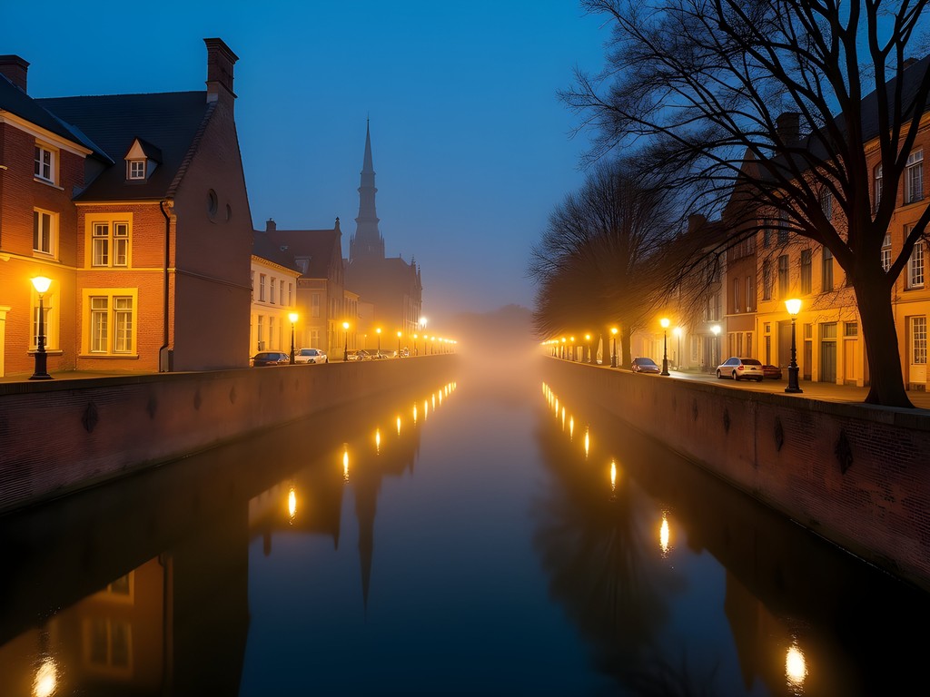 Night photography of illuminated medieval buildings reflected in Bruges canal with light fog