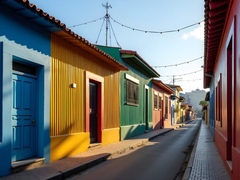 Vibrant colored houses of La Boca in early morning light with long shadows