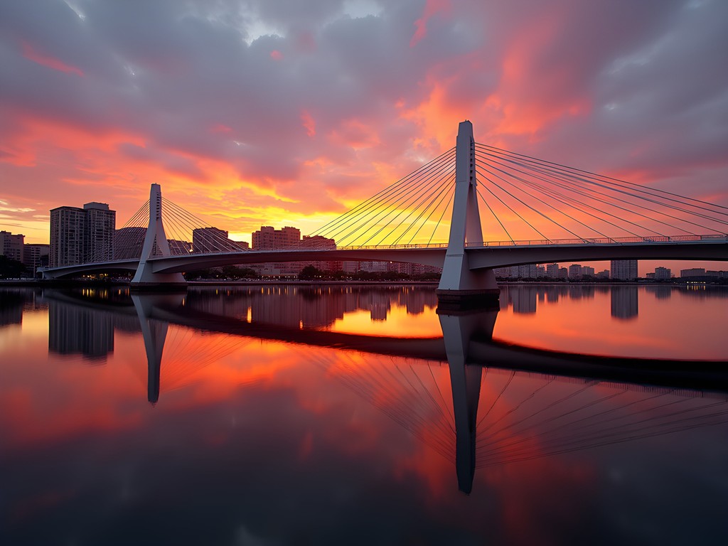 Puente de la Mujer bridge silhouetted against colorful sunset with perfect water reflection