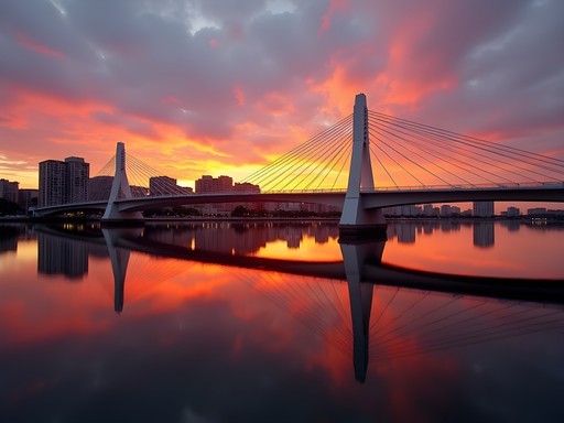 Puente de la Mujer bridge silhouetted against colorful sunset with perfect water reflection