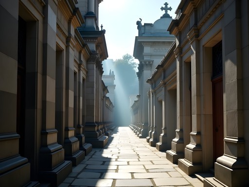 Dramatic light beams between ornate mausoleums in Recoleta Cemetery
