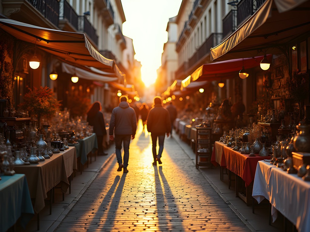 San Telmo Sunday market bathed in golden hour light with antique displays