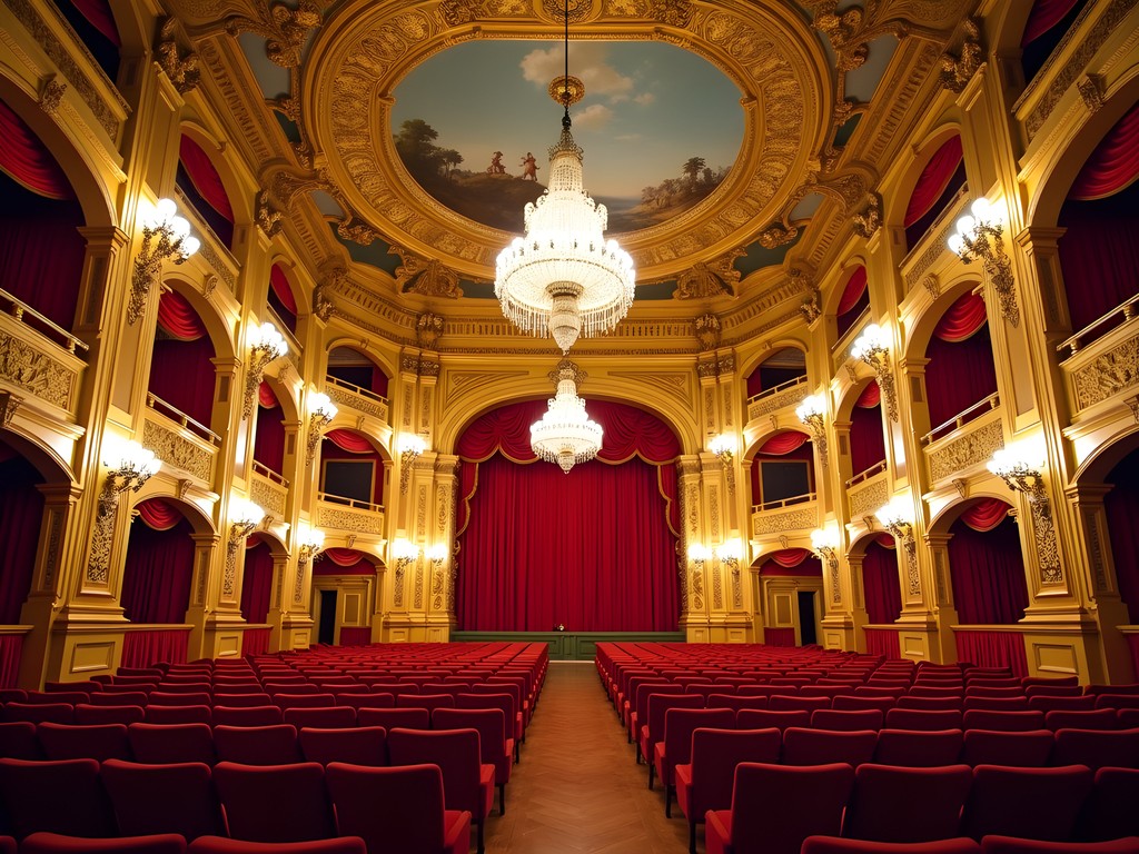 Ornate golden interior of Teatro Colón's main hall with dramatic ceiling details