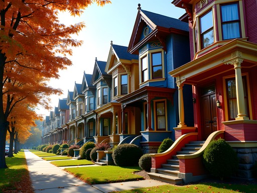 Victorian homes in Allentown Buffalo with dramatic autumn foliage