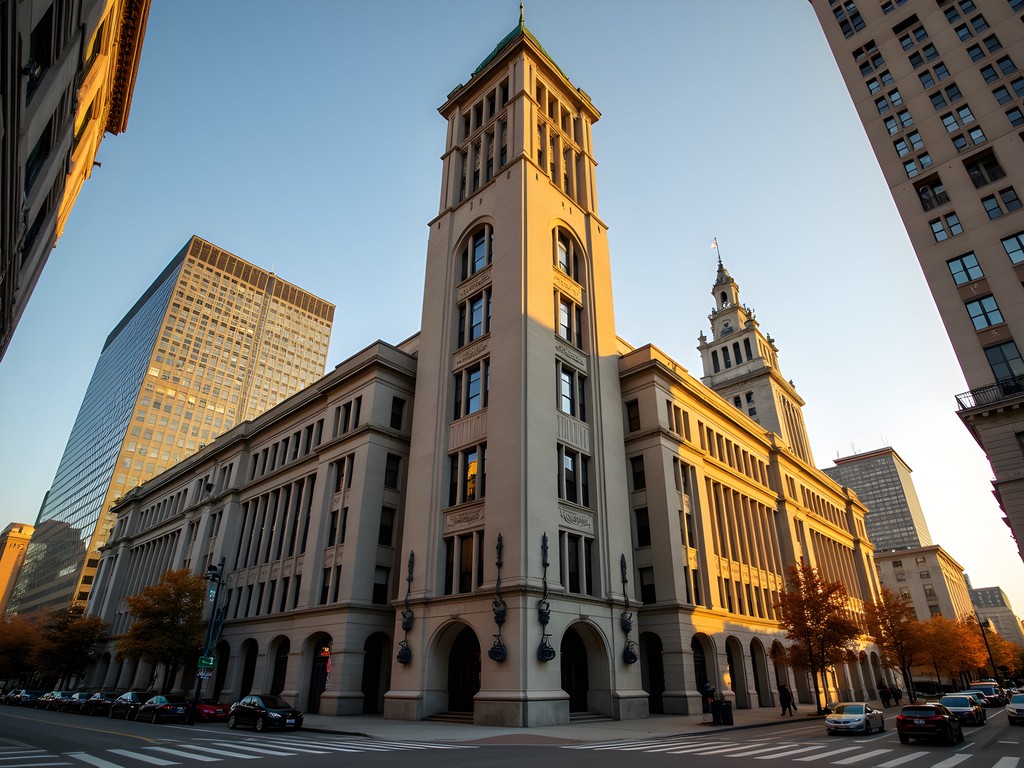 Buffalo City Hall bathed in golden hour light with dramatic shadows