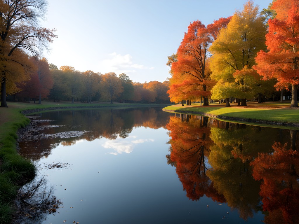 Perfect mirror reflections of autumn trees in Hoyt Lake at Delaware Park