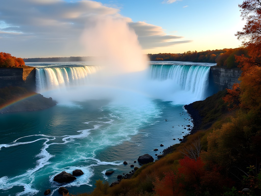 Dramatic rainbow forming over Niagara Falls with autumn foliage framing