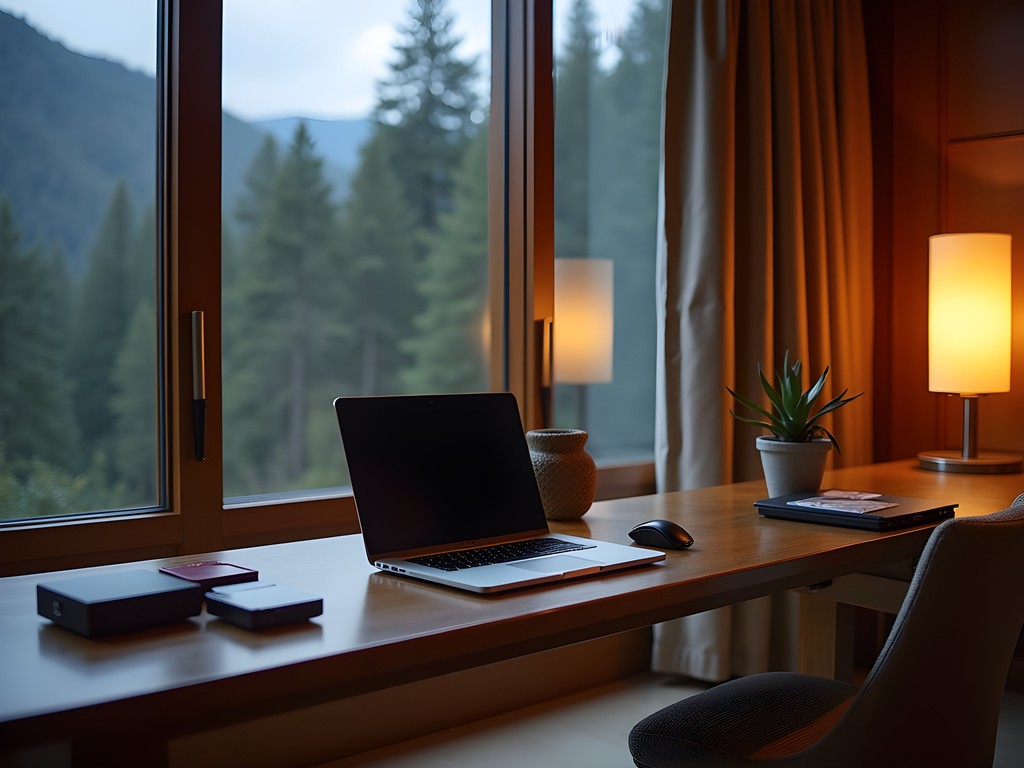 Luxury photography workspace setup in Amankora Bumthang suite with valley views