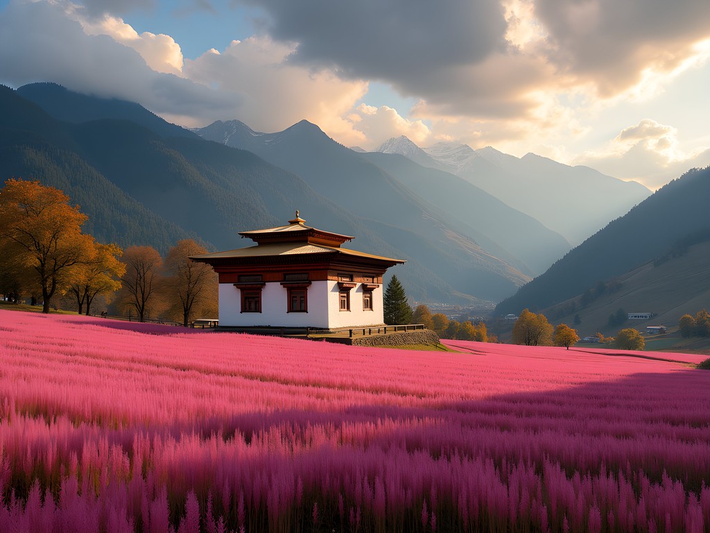 Pink buckwheat fields in Tang Valley with traditional Bhutanese farmhouse and mountains