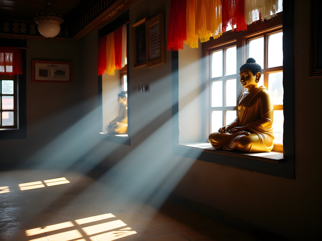 Dramatic light beams illuminating prayer flags inside Kurjey Lhakhang monastery
