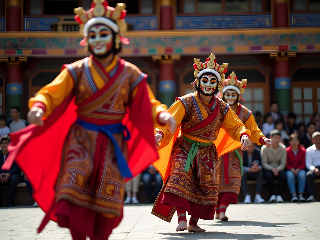 Traditional masked dancers performing at Jambay Lhakhang Drup festival in Bumthang