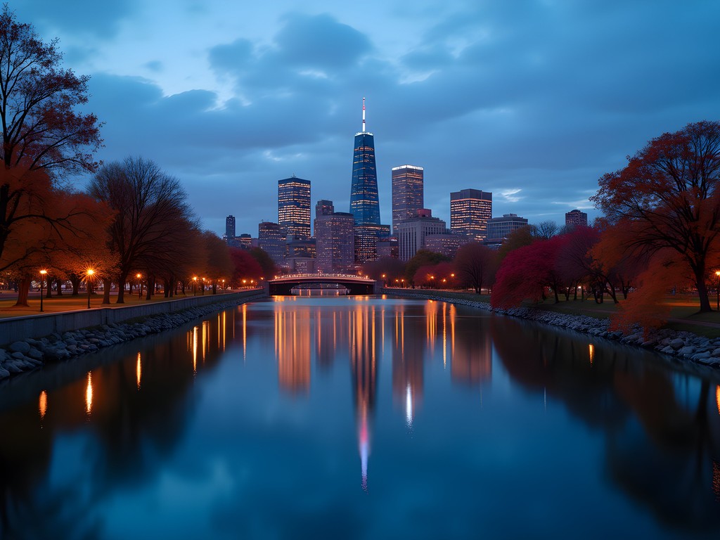 Boston skyline reflected in Charles River at dusk with autumn foliage