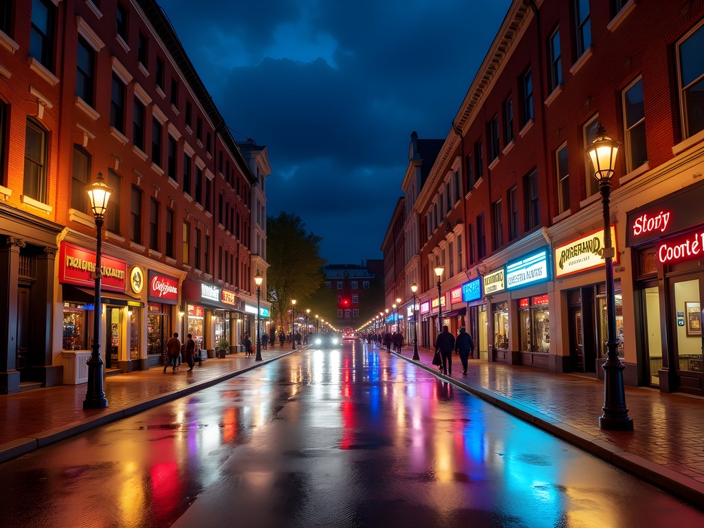 Harvard Square at night with historic buildings illuminated and lively street atmosphere