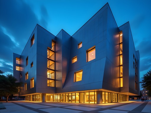 MIT Stata Center at blue hour with dramatic lighting and reflections