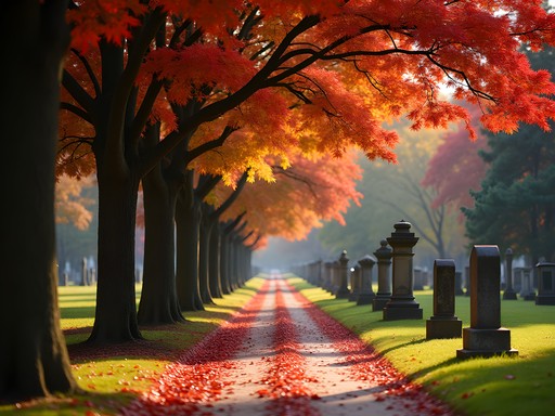 Tree-lined path in Mount Auburn Cemetery with vibrant autumn foliage and historic monuments