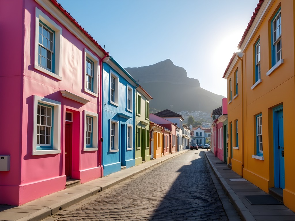 Vibrant multicolored houses in Bo-Kaap neighborhood with Table Mountain backdrop