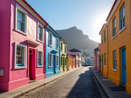Vibrant multicolored houses in Bo-Kaap neighborhood with Table Mountain backdrop